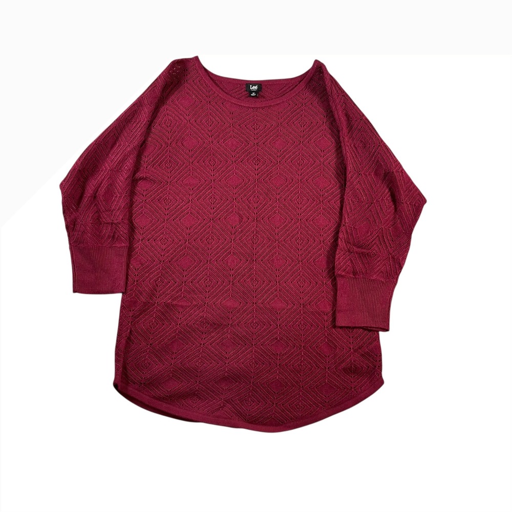 Lee Women Maroon Diamond Pointelle Knit 3/4 Sleeve‎ Tunic Sweater Size Medium